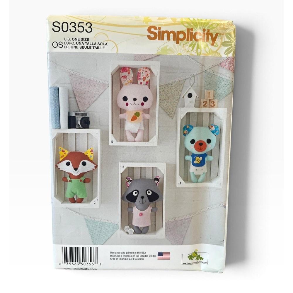 Simplicity S0353 Stuffed Animals Bear Bunny Fox Raccoon One Size Woodland Uncut